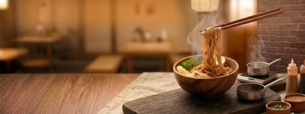Soba Lab 蕎麥麵品牌橫幅，店內氛圍與主視覺標語