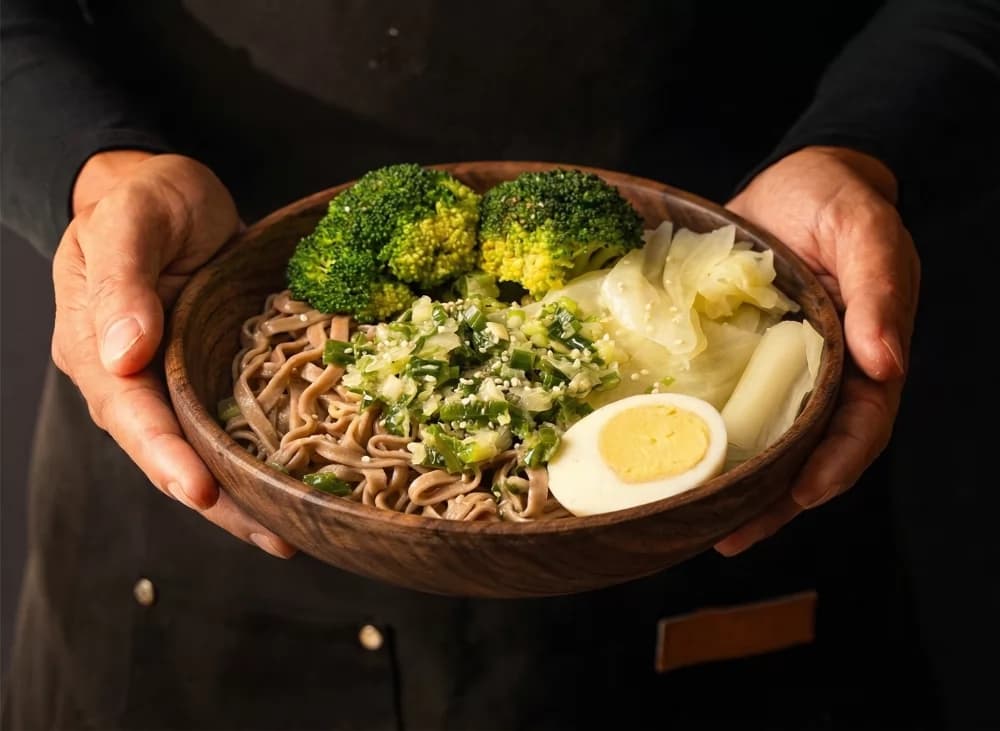 Soba Lab 餐點與品牌形象：蕎麥麵與配料俯拍呈現
