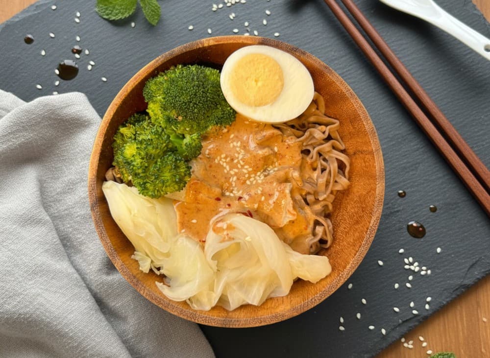 Soba Lab 椒香胡麻蕎麥麵：木碗拌麵俯拍，配有蔬菜與半顆蛋