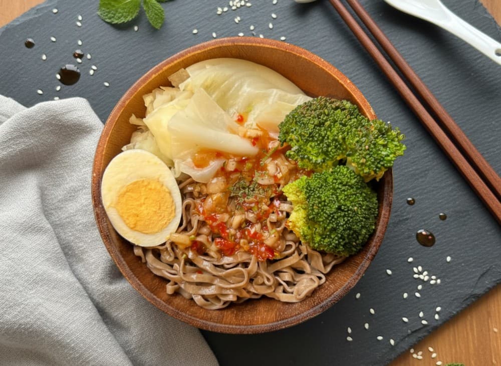 Soba Lab 泰式香檸蕎麥麵：木碗拌麵俯拍，配色清爽