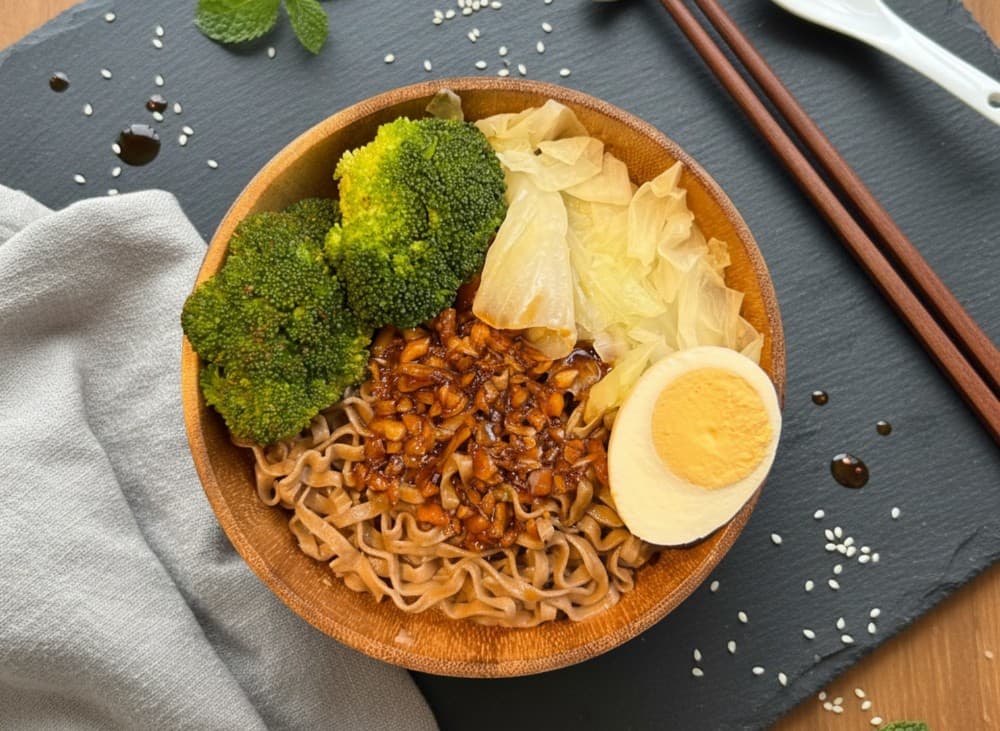 Soba Lab 台味蒜蓉蕎麥麵：木碗拌麵俯拍，蒜香醬與配菜