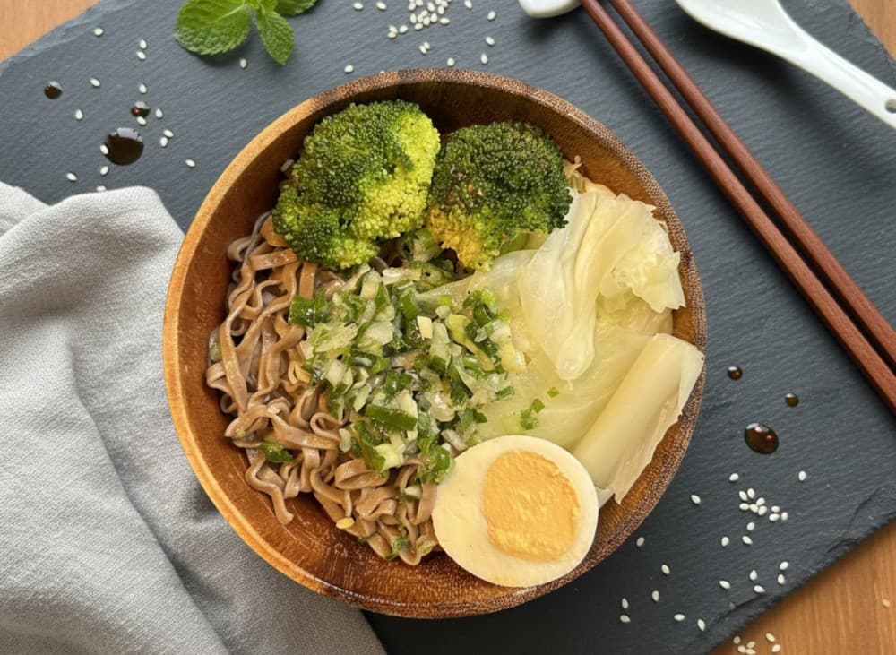 Soba Lab 經點蔥鹽蕎麥麵：木碗拌麵俯拍，蔥鹽風味與蔬菜
