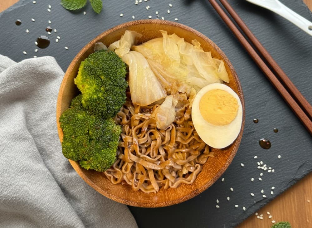 Soba Lab 口水椒麻蕎麥麵：木碗拌麵俯拍，紅醬與椒麻視覺