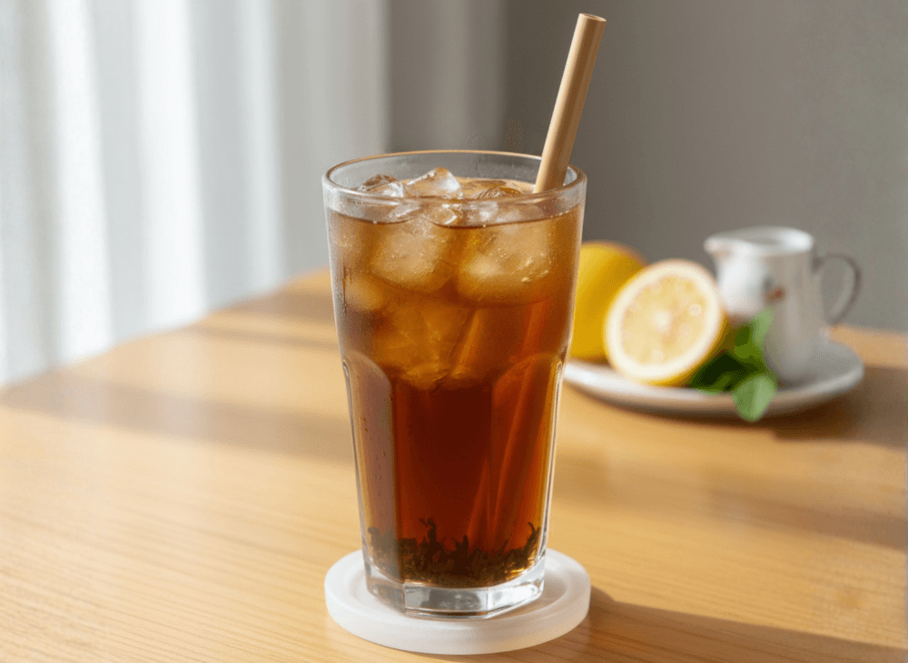 Soba Lab 冷泡無糖深焙烏龍：高杯冰茶與原葉，木桌情境