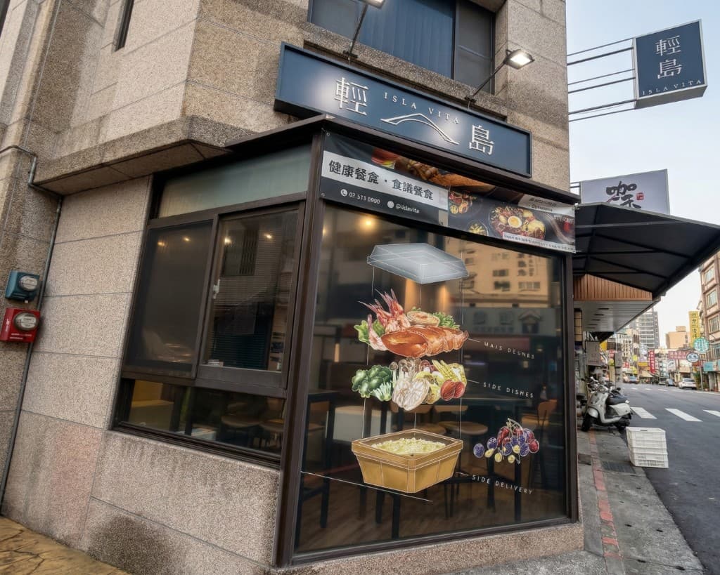 ISLA VITA 輕島轉角門市：石牆、主招牌與懸掛方牌，櫥窗餐盒文宣與街景