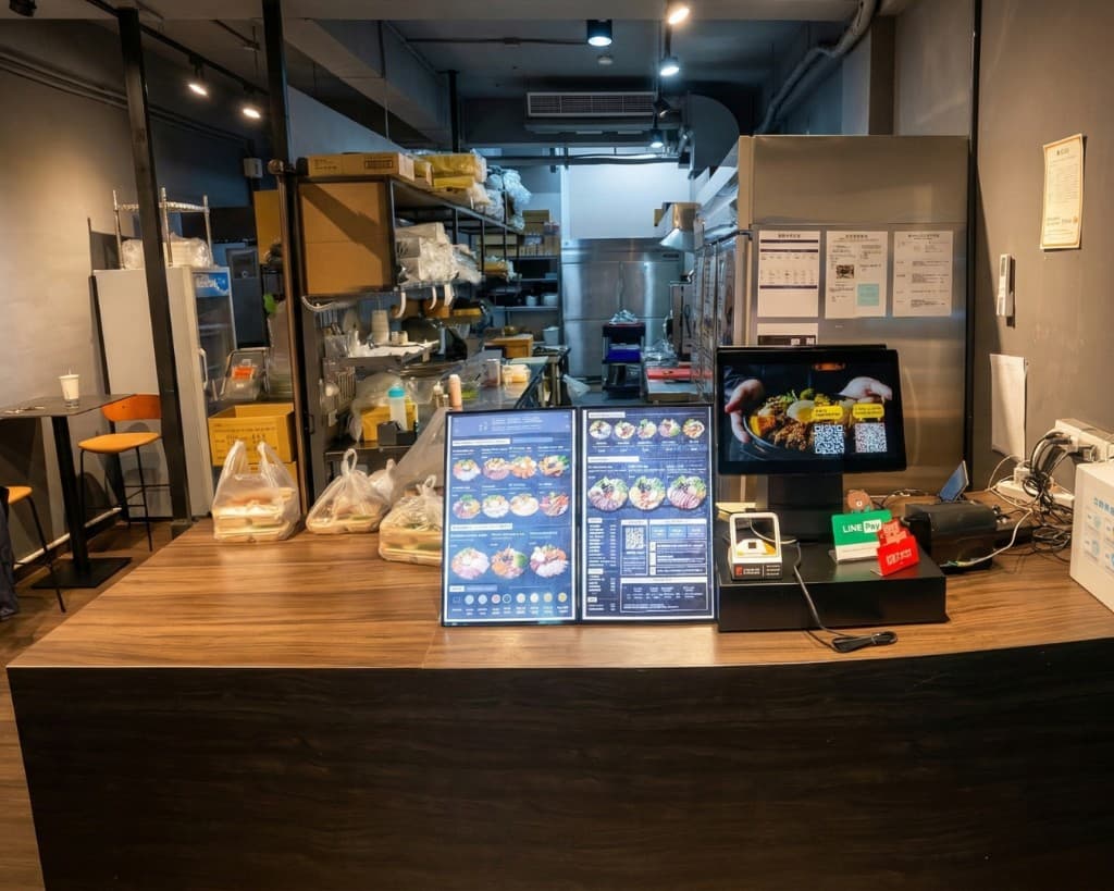 門市櫃檯廣角：木紋櫃台、POS 與 Line Pay、菜單立牌、外帶袋與開放式廚房背景